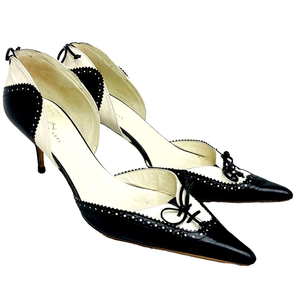 Alexandra Neel Pointy Stiletto Heels Brogue Black White 7.5 8 38.5 Goth Witchy
